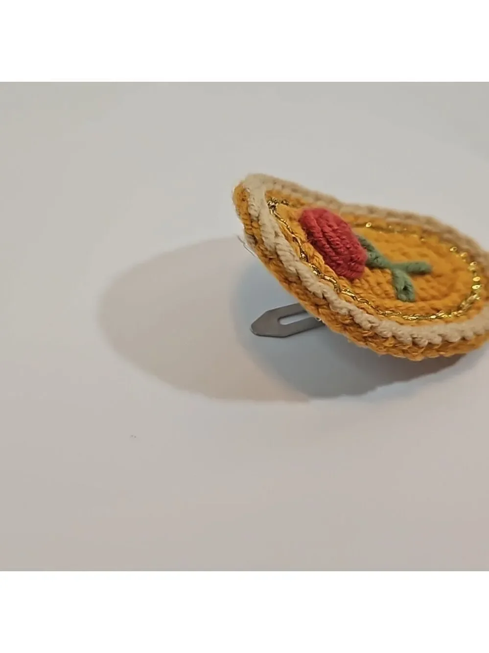 Hand Crafted Hand Knit Crochet  Hair Clip Red Rose embroidered Snap Clip 2.5